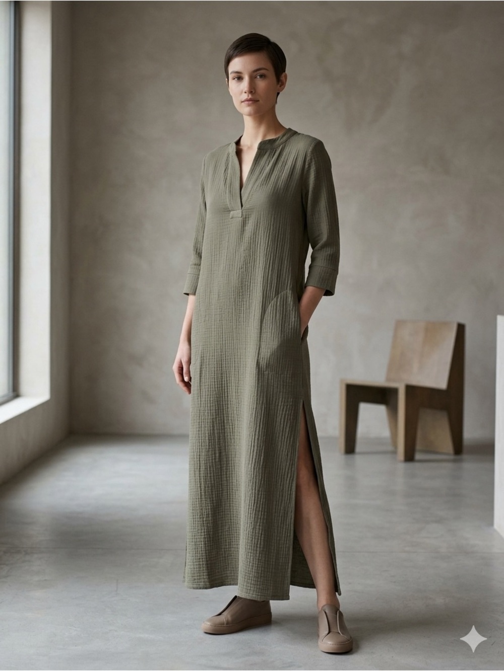 Essentia by Susan Tyler Cotton Gauze Maxi Dress Olive Green V-Neck Size L